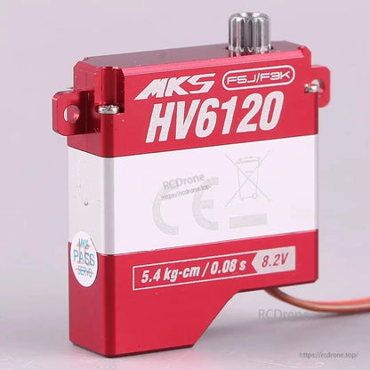 MKS HV6120 Brushless Metal Gear Digital Wing Servo, MKS HV6120 servo: 5.4 kg-cm torque, 0.08s speed, metal gear, 8.2V compatible, ideal for F5J/F3K models.