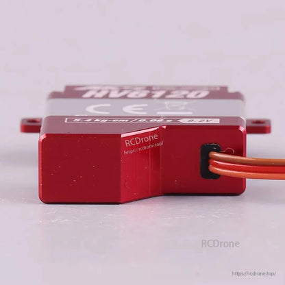 MKS HV6120 Brushless Metal Gear Digital Wing Servo, HV6120 servo: 5.4 kg-cm torque, 0.08s speed, 8.2V max, CE certified, red metal gears, three-wire connector.