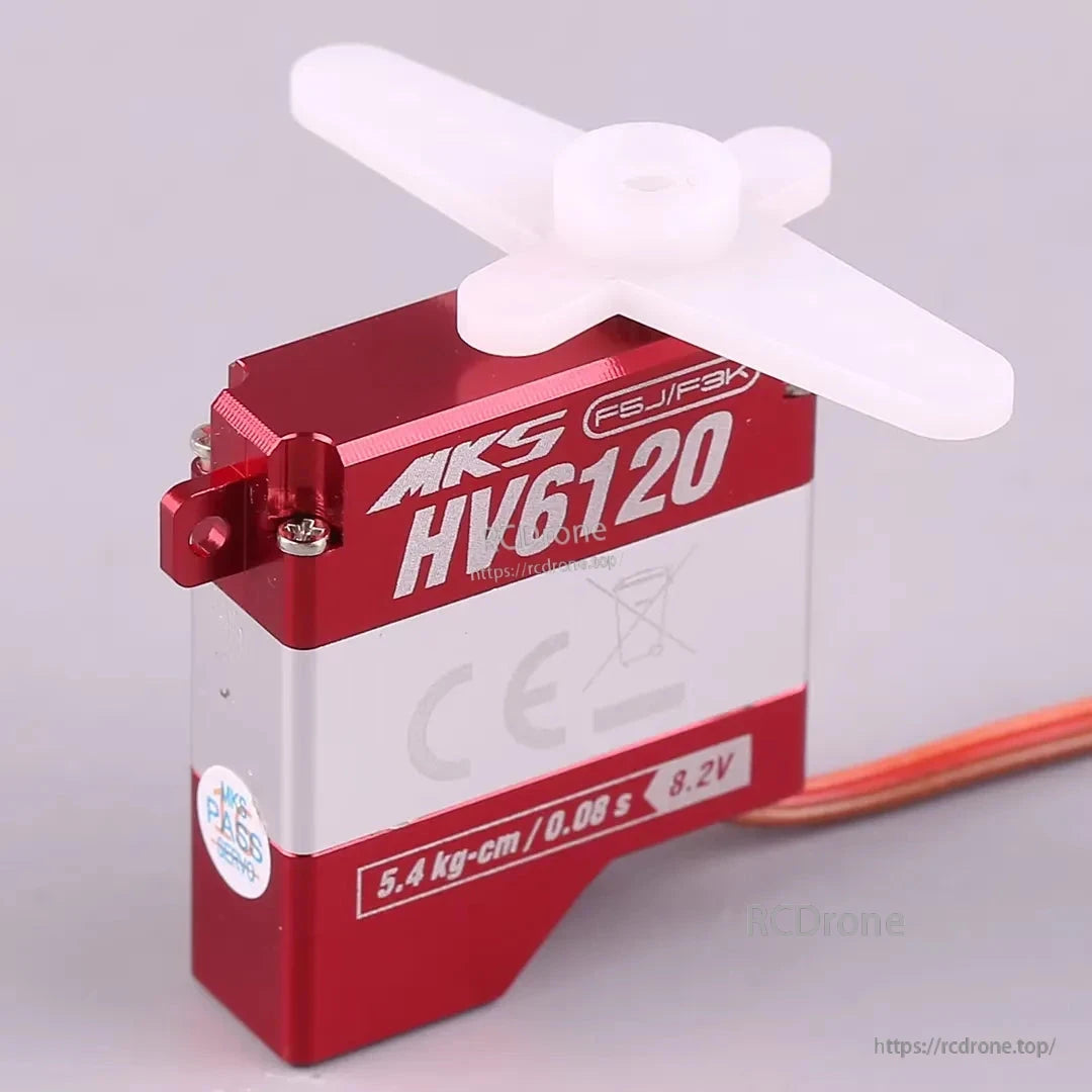 MKS HV6120 Brushless Metal Gear Digital Wing Servo, MKS HV6120 servo: 5.4 kg-cm torque, 0.08s speed, metal gear, compact, high-performance for F5J/F3K models.
