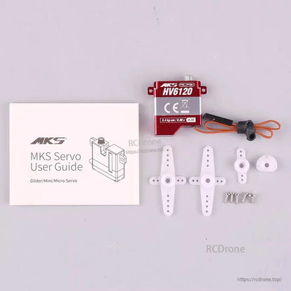 MKS HV6120 Brushless Metal Gear Digital Wing Servo, MKS HV6120 servo: 5.4 kg-cm torque, 0.08s speed, 8.2V, includes accessories; ideal for gliders and mini/micro drones.