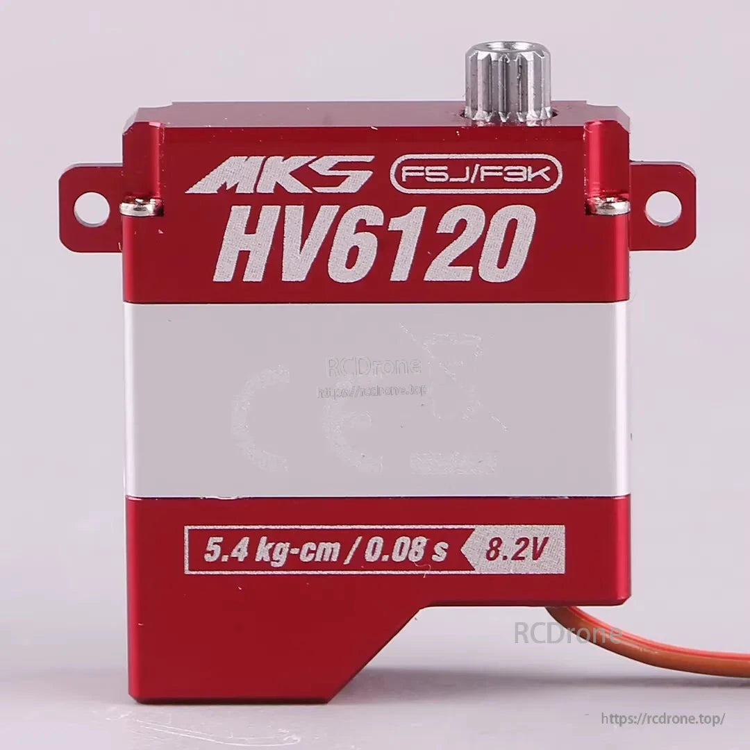 MKS HV6120 Brushless Metal Gear Digital Wing Servo, MKS HV6120 servo: 5.4 kg-cm torque, 0.08s speed at 8.2V, red/silver casing, ideal for F5J/F3K drones.