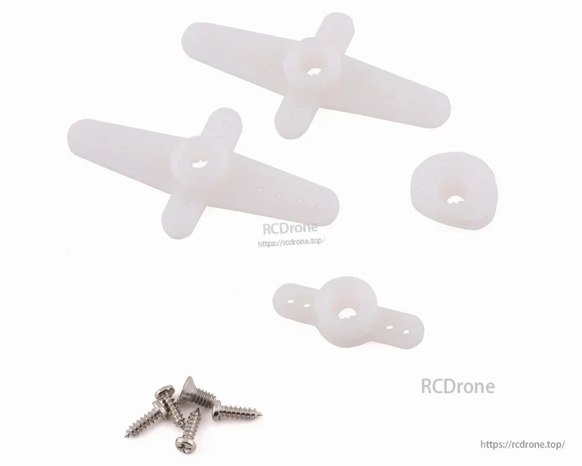 MKS HV6120H Digital Wing Servo, White plastic servo mounts with screws for RC gliders, featuring cross-shaped and circular parts for secure attachment.