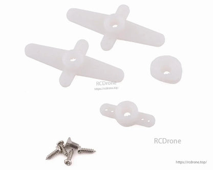 MKS HV6120H Digital Wing Servo, White plastic servo mounts with screws for RC gliders, featuring cross-shaped and circular parts for secure attachment.