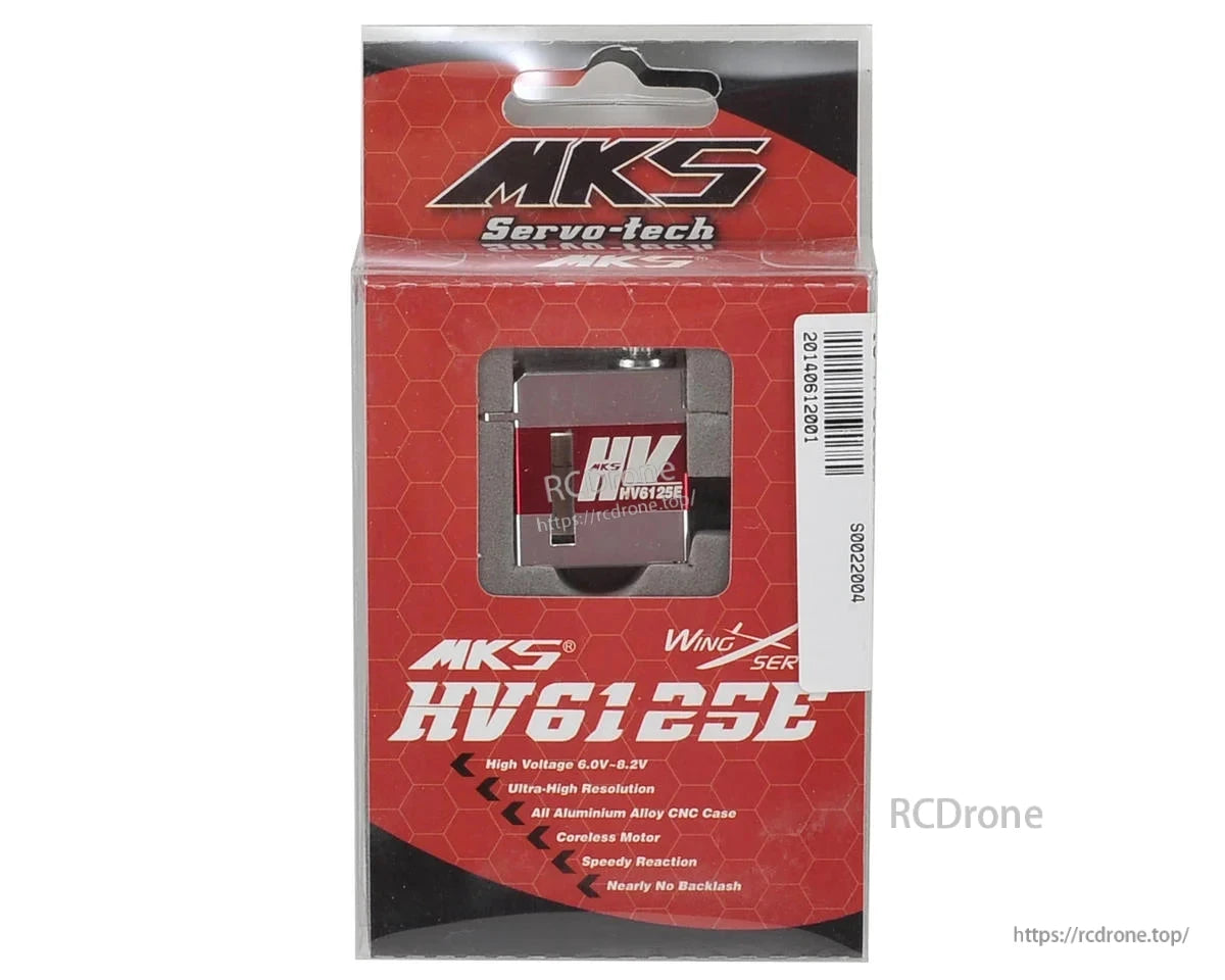 The MKS HV6125E servo motor offers high resolution, rapid response, minimal backlash, and a durable CNC aluminum case with a red hexagon housing.