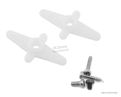 MKS HV6150 High Voltage Digital Wing Servo, White plastic servo horns with central holes and metal screws; no motor or specifications visible.