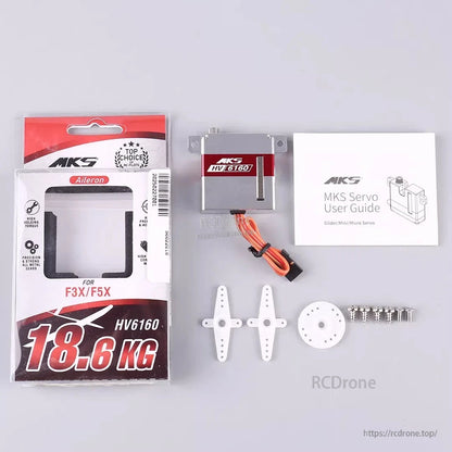 MKS HV6160 Servo, High-voltage digital servo with 18.6kg-cm torque, metal gears, and accessories for precise control in RC gliders and mini aircraft.