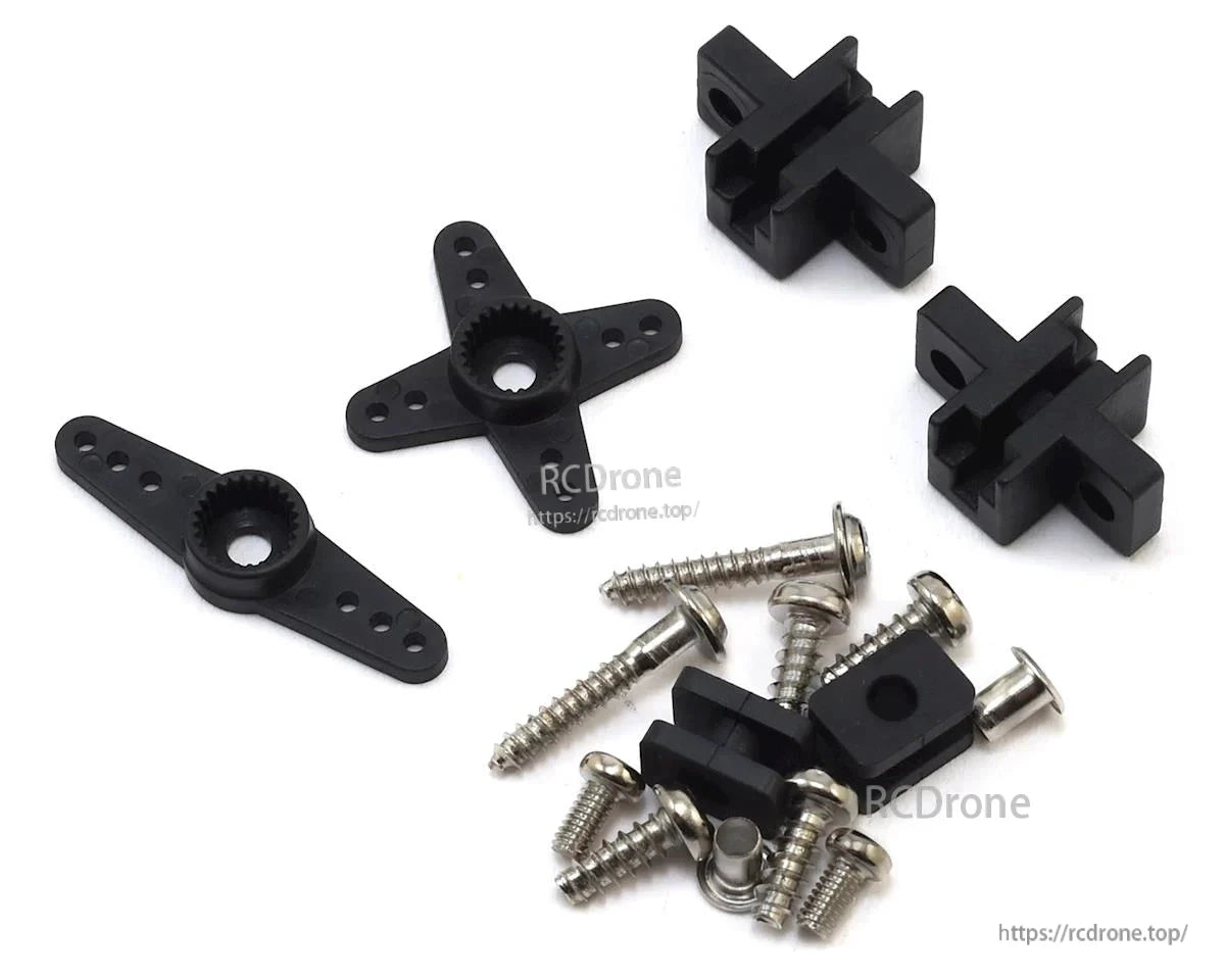 MKS HV69 Metal Gear Micro Digital Servo, Black servo horns, metal screws, and plastic mounts for MKS HV69 servo, neatly arranged on white background for assembly or repair.