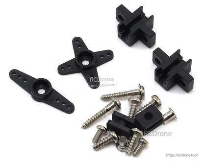 MKS HV69 Metal Gear Micro Digital Servo, Black servo horns, metal screws, and plastic mounts for MKS HV69 servo, neatly arranged on white background for assembly or repair.