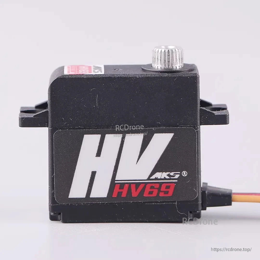 MKS HV69 Metal Gear Micro Digital Servo, MKS HV69 high-voltage metal gear servo with black casing, silver knob, red/white branding, and three-wire connector.