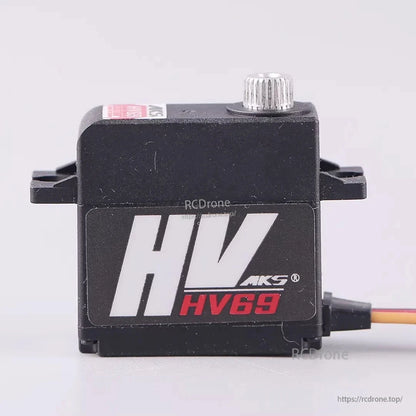 MKS HV69 Metal Gear Micro Digital Servo, MKS HV69 high-voltage metal gear servo with black casing, silver knob, red/white branding, and three-wire connector.