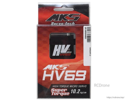 MKS HV69 Metal Gear Micro Digital Servo, MKS HV69 micro servo: 10.2 kg/cm torque, metal gears, digital, high-voltage compatible, retail-packaged.