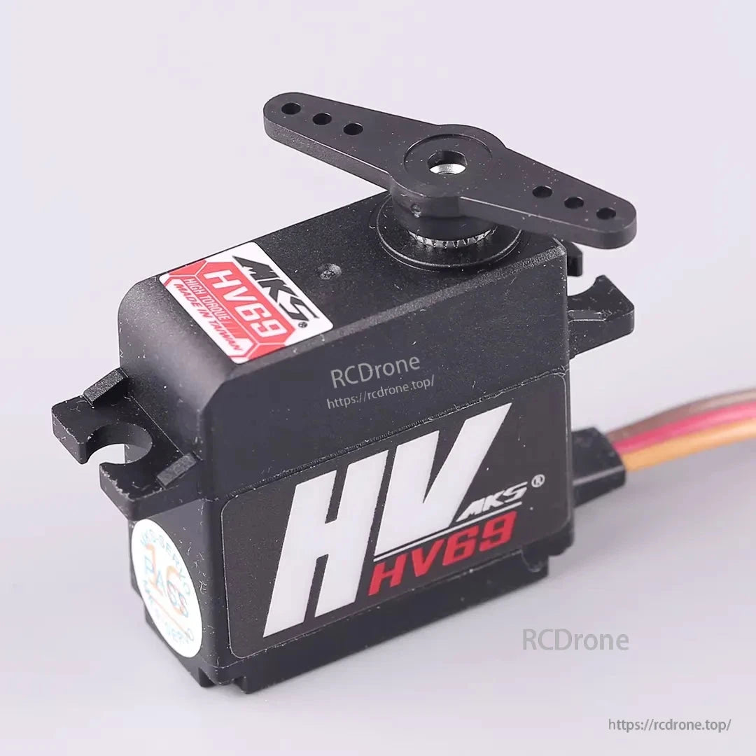MKS HV69 Metal Gear Micro Digital Servo, MKS HV69 high-voltage metal-gear micro digital servo with black casing and red label.