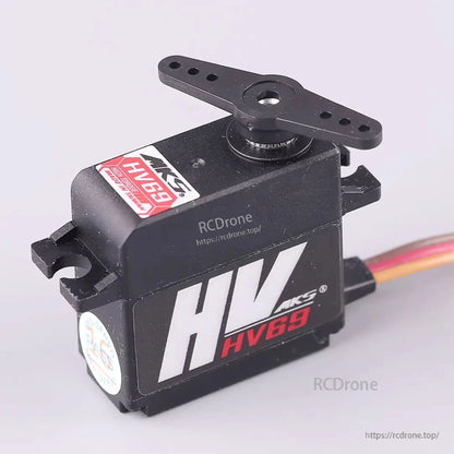 MKS HV69 Metal Gear Micro Digital Servo, MKS HV69 high-voltage metal-gear micro digital servo with black casing and red label.