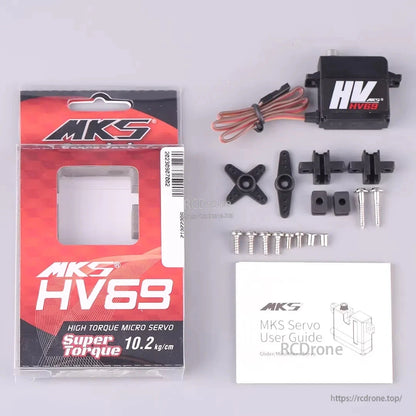 MKS HV69 Metal Gear Micro Digital Servo, MKS HV69 micro servo offers 10.2 kg/cm torque, includes motor, hardware, and guide for gliders; packaging emphasizes high torque.