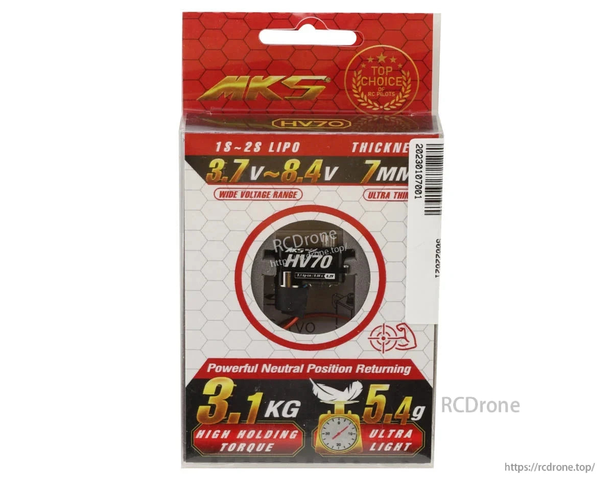 MKS HV70 Servo, MKS HV70 micro servo: 5.4g, 7mm thick, 3.1 kg-cm torque, 3.7–8.4V, metal gears—ideal for ultra-light aircraft.