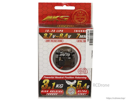 MKS HV70 Servo, MKS HV70 micro servo: 5.4g, 7mm thick, 3.1 kg-cm torque, 3.7–8.4V, metal gears—ideal for ultra-light aircraft.