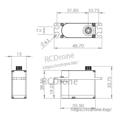 MKS HV747 Titanium Gear High Torque Servo, MKS HV747 high-torque servo motor features titanium gears, aluminum casing, and precise dimensions.