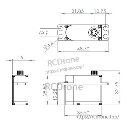 MKS HV747 Titanium Gear High Torque Servo, MKS HV747 high-torque servo motor features titanium gears, aluminum casing, and precise dimensions.