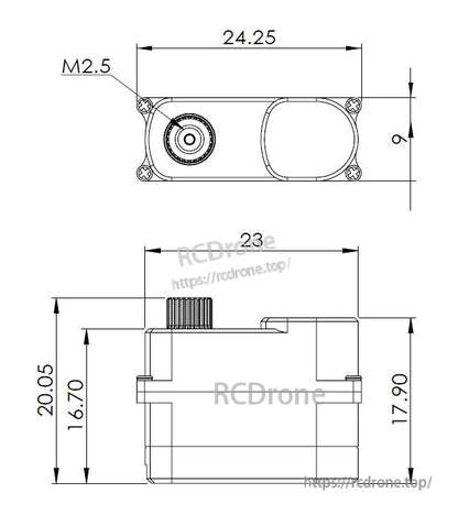 MKS HV75K-N Digital Servo, MKS HV75K-N servo motor: 24.25mm wide, 9mm tall, uses M2.5 screws.