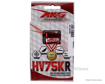 MKS HV75K-R Coreless Digital Wing Servo, The MKS HV75KR servo delivers high torque, metal gears, and lightweight design, favored by champions for DLG/HLG/F3K gliders.