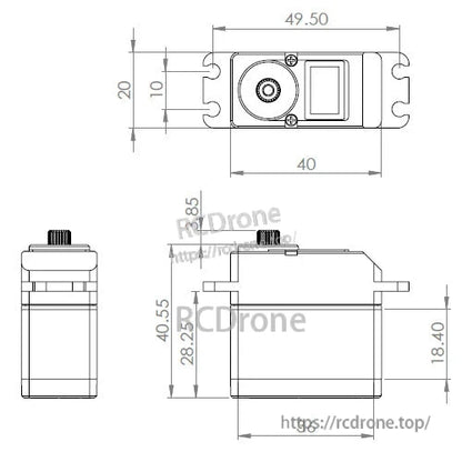 MKSHV777A+ servo dimensions: 49.5mm L, 20mm H, 40mm W, 18.4mm D, 40.55mm total height, 28.25mm body height, 36mm base width.