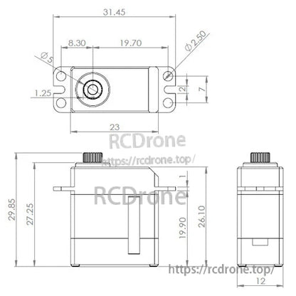 MKS HV93 Cyclic Servo, MKS HV93 servo: 6–8.4V, 0.05s speed, 19.87g, includes detailed dimensions.