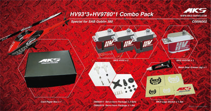 MKS HV93 x3 + HV9780 x1 Servo, MKS combo pack for SAB Goblin 380 includes servos, horns, grease, stickers; operates at 6.0V–8.4V.