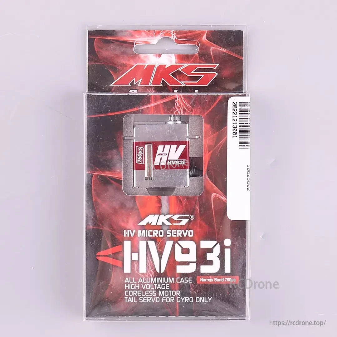MKS HV93i HV Micro Tail Servo, MKS HV93i micro servo: aluminum case, high-voltage, coreless motor, metal gears, 760µs narrow band, designed for gyro helicopter tail control.