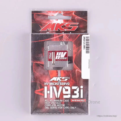 MKS HV93i HV Micro Tail Servo, MKS HV93i micro servo: aluminum case, high-voltage, coreless motor, metal gears, 760µs narrow band, designed for gyro helicopter tail control.