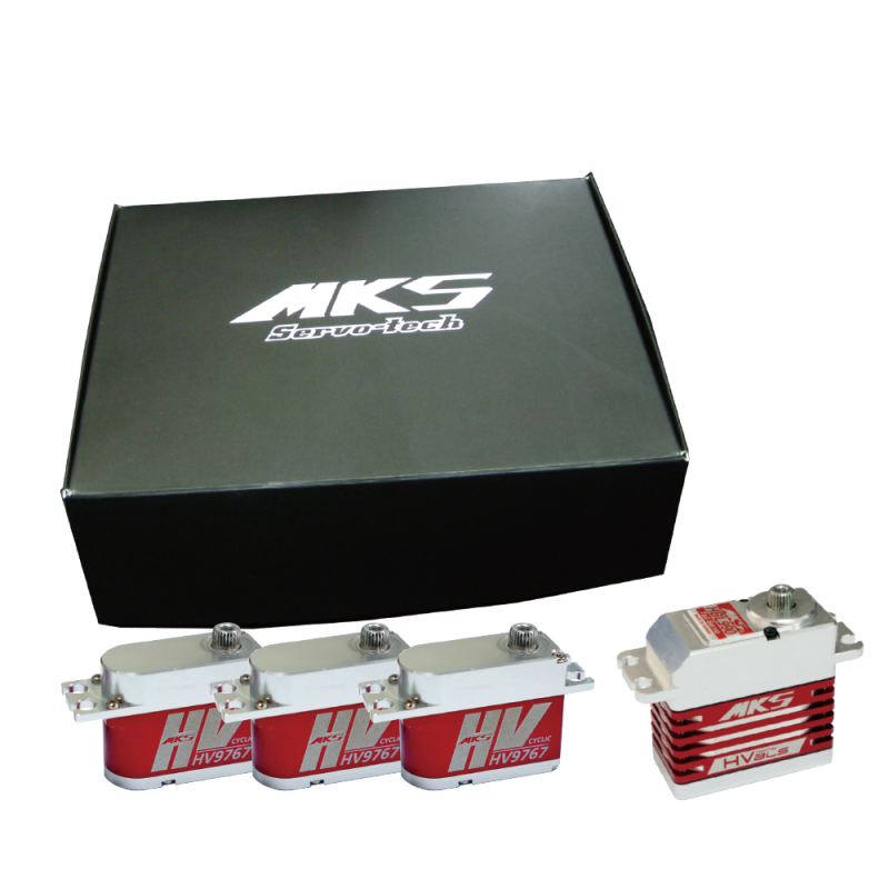 MKS HV9767 Cyclic + HV9780 Rudder Servo, MKS HV9767 cyclic and HV9780 rudder servos feature durable metal gears.