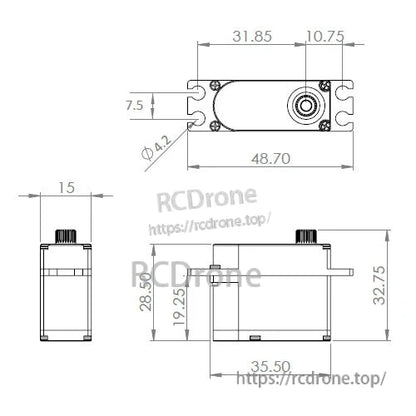 MKS HV9767 Cyclic + HV9780 Rudder Servo, MKS HV9767/HV9780 servo: 6.0V–8.4V, coreless motor, metal gears, BB design, with detailed dimensions.