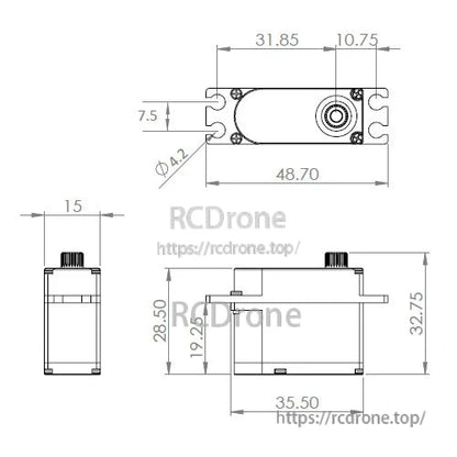 MKS HV9767 Cyclic + HV9780 Rudder Servo, Coreless servo motor with metal gears, BB bearings, operates at 6.0V–8.4V; precise dimensions in technical drawing.