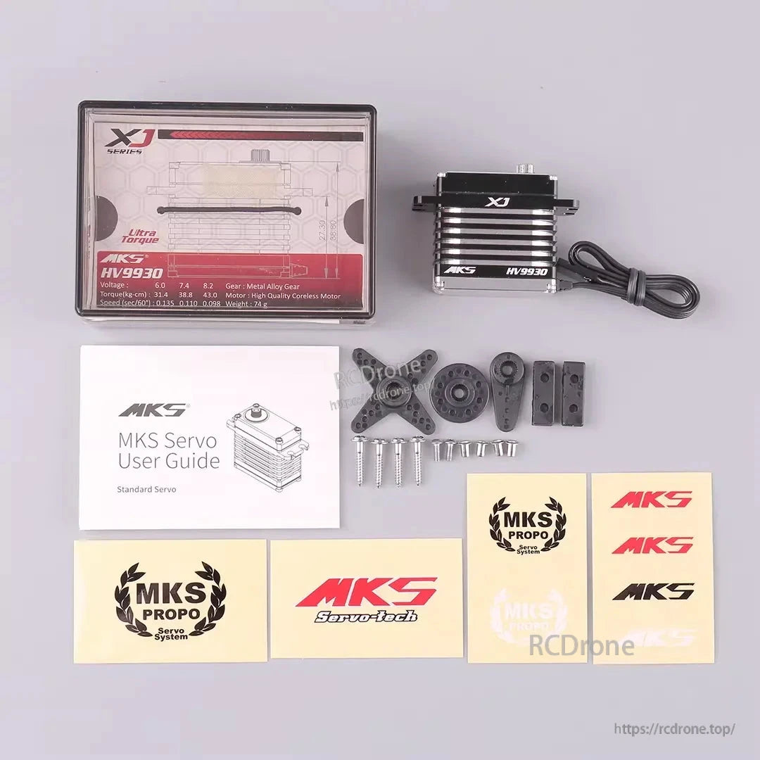 MKS HV9930 XJ servo: metal gears, high torque (31.4–43.0 kg-cm), coreless motor, 74g, includes accessories and specs for 6–8.2V operation.