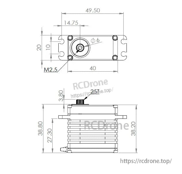 MKS HV9930 XJ Series: metal gear, high-torque digital servo motor dimensions.