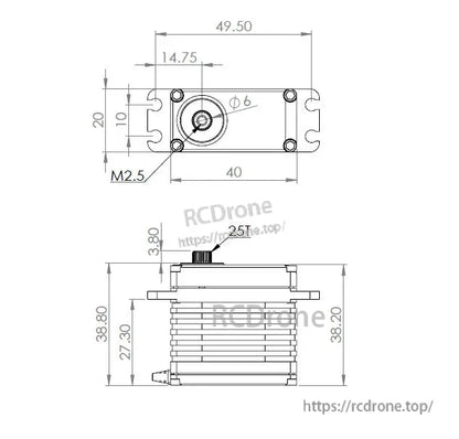 MKS HV9930 XJ Series: metal gear, high-torque digital servo motor dimensions.