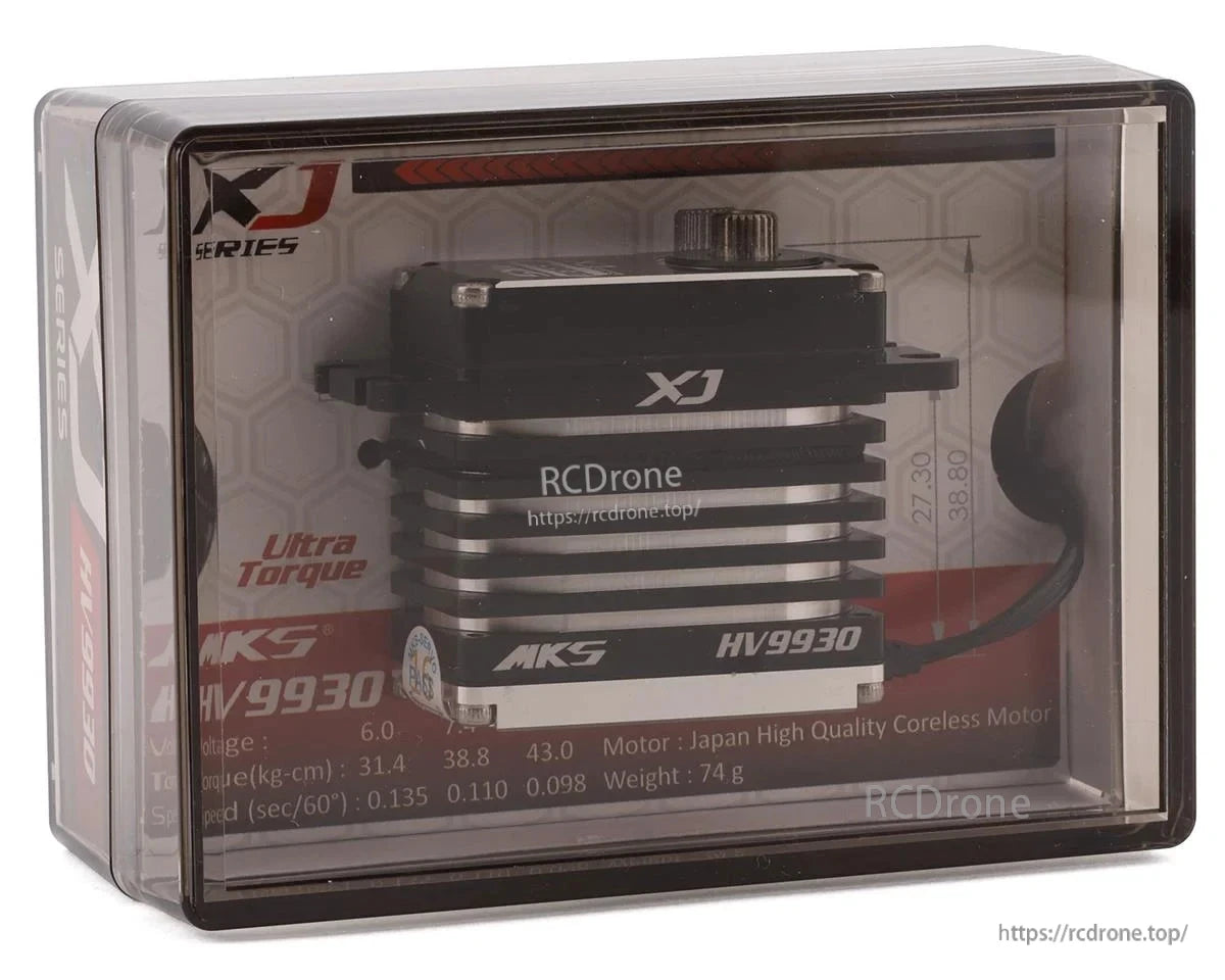 The MKS HV9930 XJ servo offers ultra-high torque, metal gears, and speeds of 0.135–0.098 sec/60°, weighing 74g in a sleek black-and-red housing.