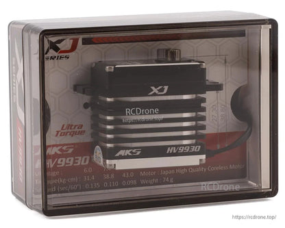 The MKS HV9930 XJ servo offers ultra-high torque, metal gears, and speeds of 0.135–0.098 sec/60°, weighing 74g in a sleek black-and-red housing.
