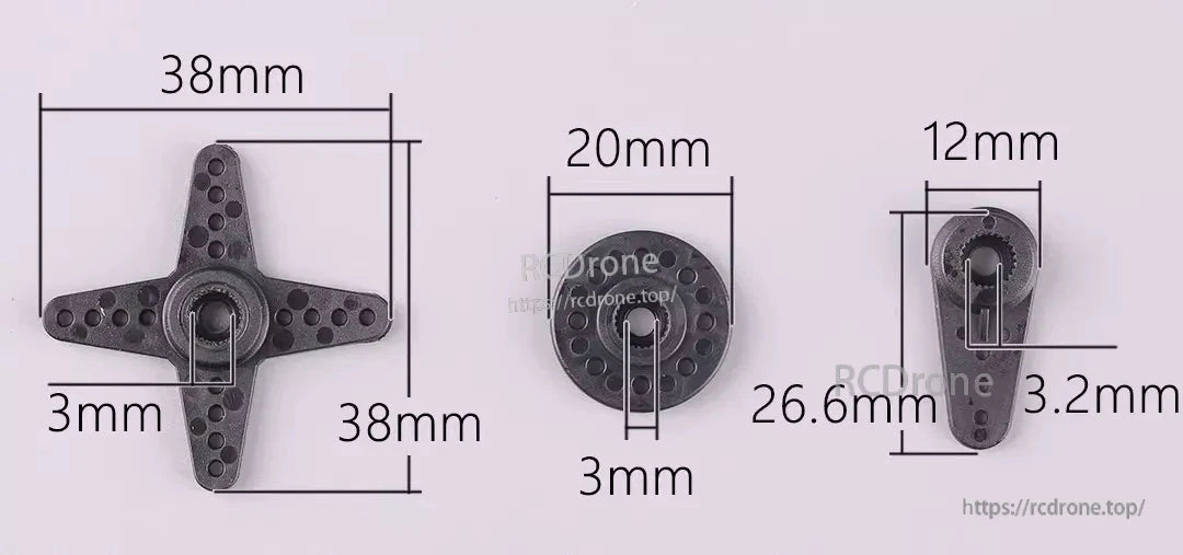 Metal servo motor dimensions specified: 38mm, 20mm, 12mm, 3mm, 26.6mm, and 3.2mm.