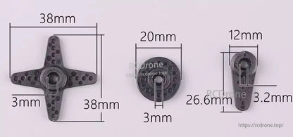 Metal servo motor dimensions specified: 38mm, 20mm, 12mm, 3mm, 26.6mm, and 3.2mm.