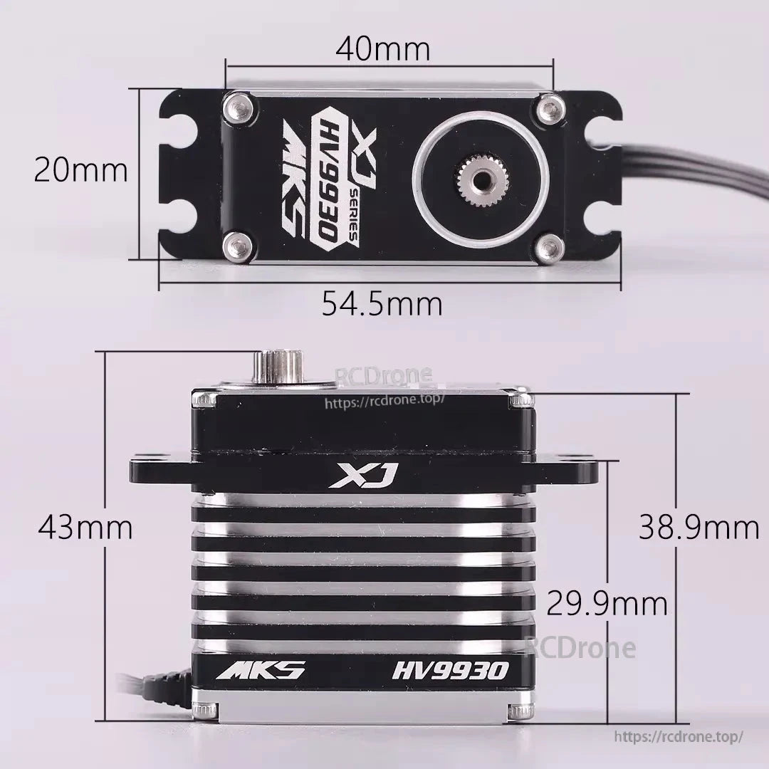 MKS HV9930 XJ Series high-torque digital servo motor with metal gears and precise dimensions.