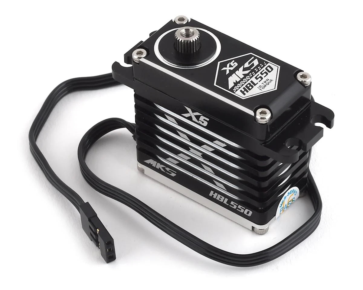 MKS X5 HBL550 high-torque digital servo with metal gears, black housing, silver accents, and HV three-wire connector.