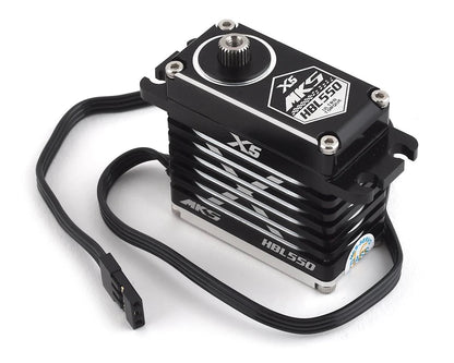 MKS X5 HBL550 high-torque digital servo with metal gears, black housing, silver accents, and HV three-wire connector.