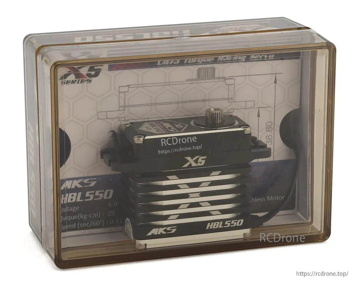 MKS X5 HBL550 servo delivers 29 kg-cm torque, digital control, high-voltage support, and clear branded packaging with technical diagram.
