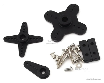Neatly arranged black plastic mounts, screws, washers, and brackets for securing high-torque digital servos in RC applications.