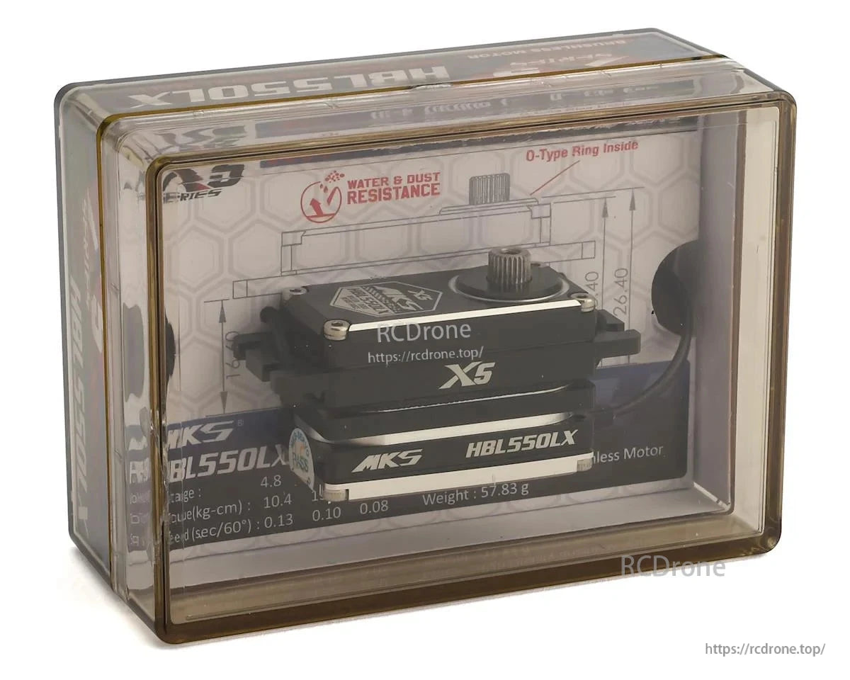 Compact, water/dust-resistant high-voltage servo for RC use; 10.4 kg-cm torque, 0.13 sec/60°, 57.83g.