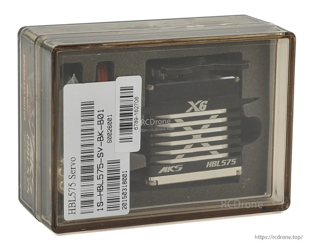 MKS X6 HBL575 brushless titanium-gear high-speed digital servo, packaged with visible barcode labels.