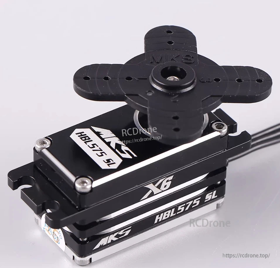 MKS X6 HBL575SL: low-profile, brushless servo with titanium gears, black casing, and mounting arms.