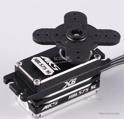 MKS X6 HBL575SL: low-profile, brushless servo with titanium gears, black casing, and mounting arms.
