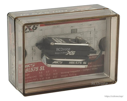 MKS X6 HBL575SL brushless servo: titanium gear, 16.8 kg-cm torque, 0.07s/60° speed, 53.51g, 4V, 1520μs/333Hz.