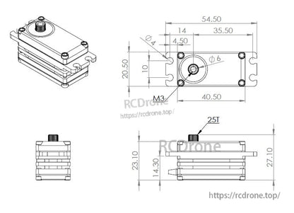 Brushless titanium gear servo motor MKX6 HBL575SL with metric dimensions and mounting specifications.